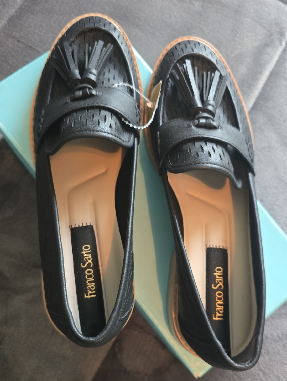 Franco Sarto Black Tassel Perforated Loafers with Tan Trim